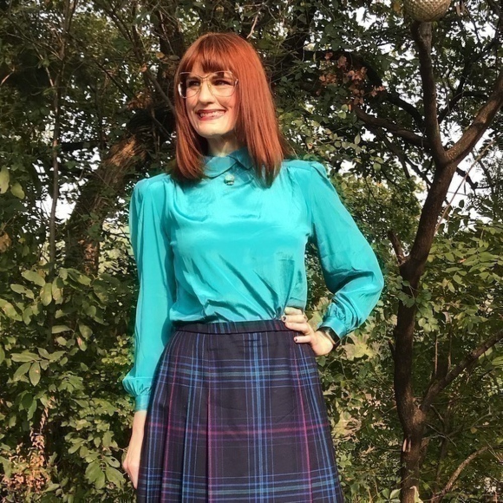 Vintage Lady Manhattan Teal High Neck Blouse